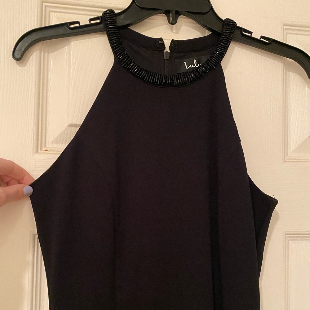 Lulus. Black floor length dress with beaded neckline. Size S.